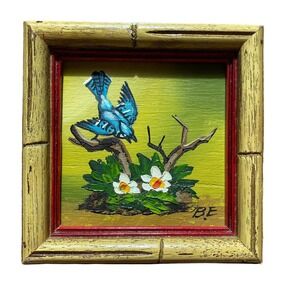 B.E. Signed Painting Bird Bluejay Flowers Framed Blue 5.25x5.25”